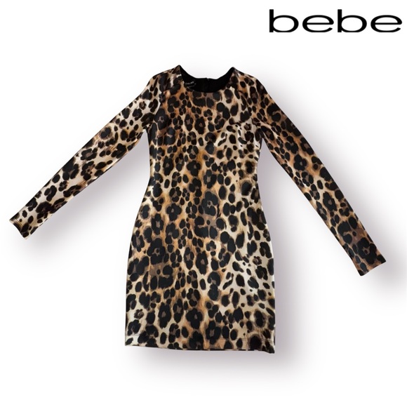 Bebe Animal | Leopard Print Scuba Bodycon Long-sleeve Mini Dress - Picture 5 of 10